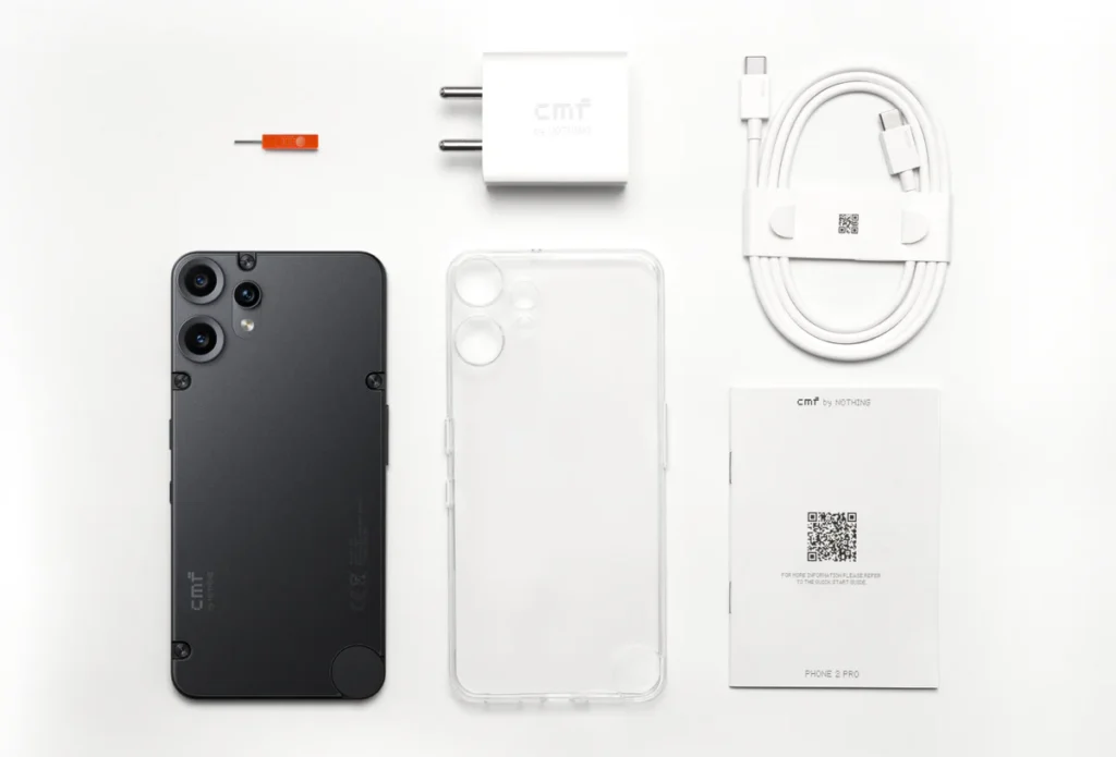 In-box contents of CMF Phone 2 Pro including charger, case, Type-C cable, and screen protector